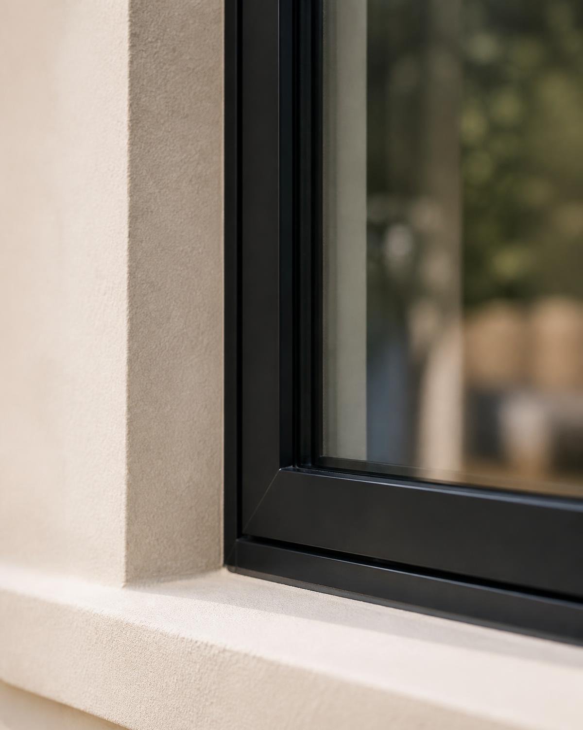 Detail of a slim black aluminium window frame