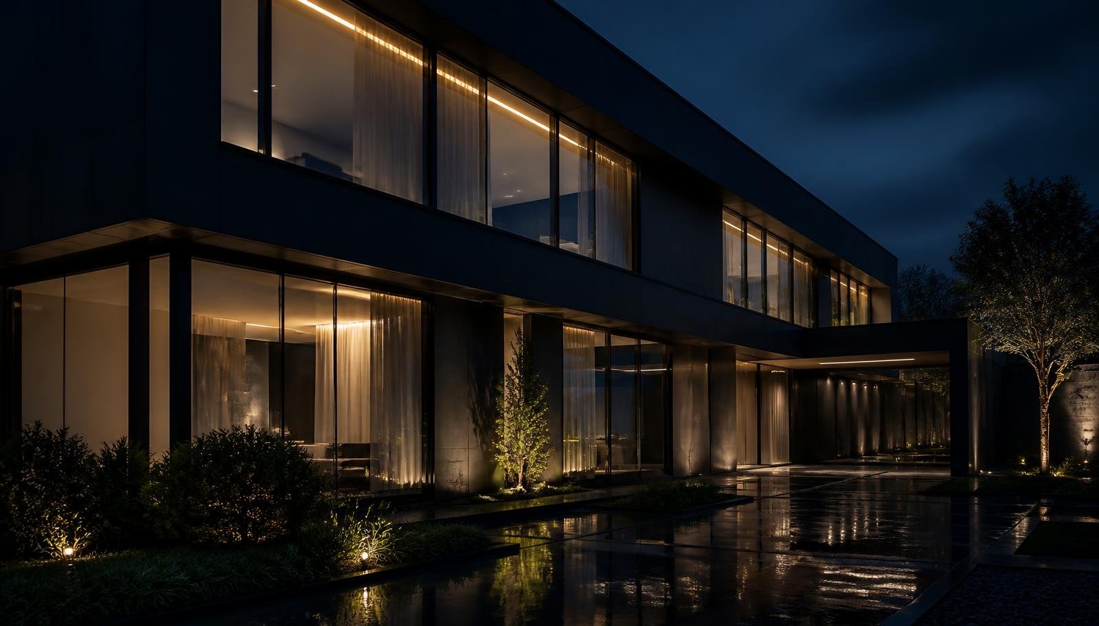 Modern building with illuminated glass facade at night