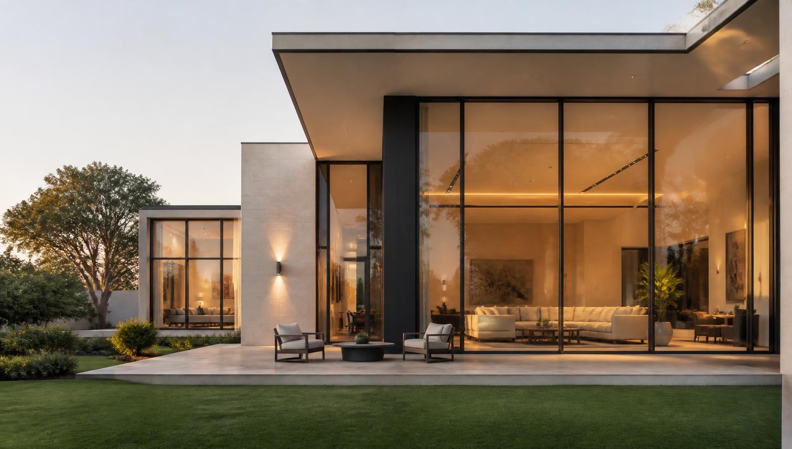 Modern home facade with slim aluminium framed glass windows