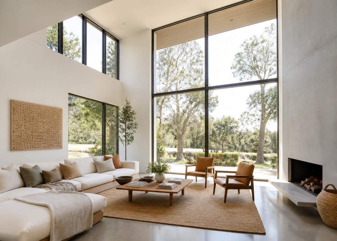 Bright modern living room with tall aluminium framed windows